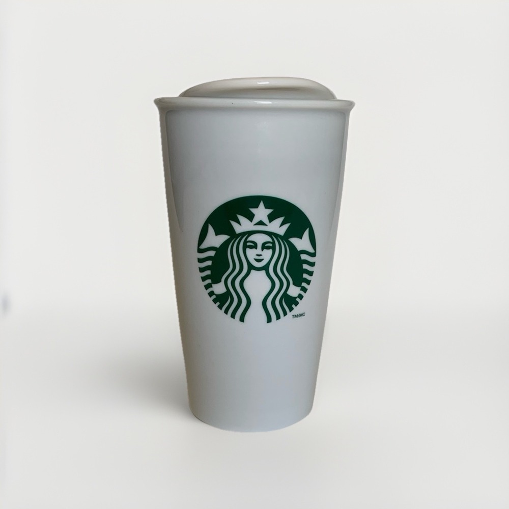 12oz Starbucks Tall Ceramic Travel Cup with Lid Coffee White/Green Tumbler Mug